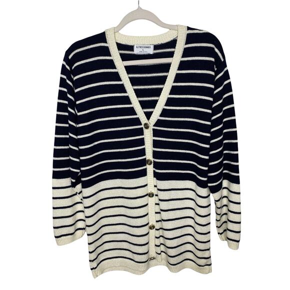 Vintage Alfred Dunner Cream and Navy Striped Cardigan Size Large Made in USA - Picture 6 of 6